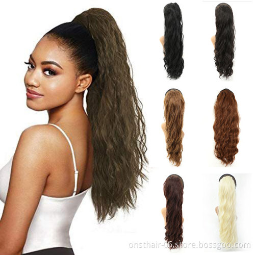 Long Wavy Ponytail Hair Synthetic Drawstring Ponytail Clip in Hairpiece Black Wave Ponytail for Black Women >=60% Whoslesale